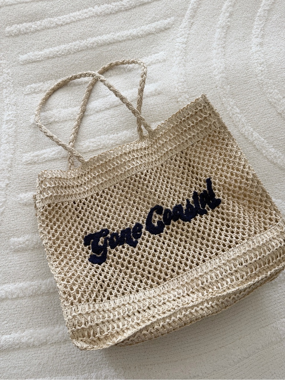 Beige Woven Crochet Beach Tote Bag
